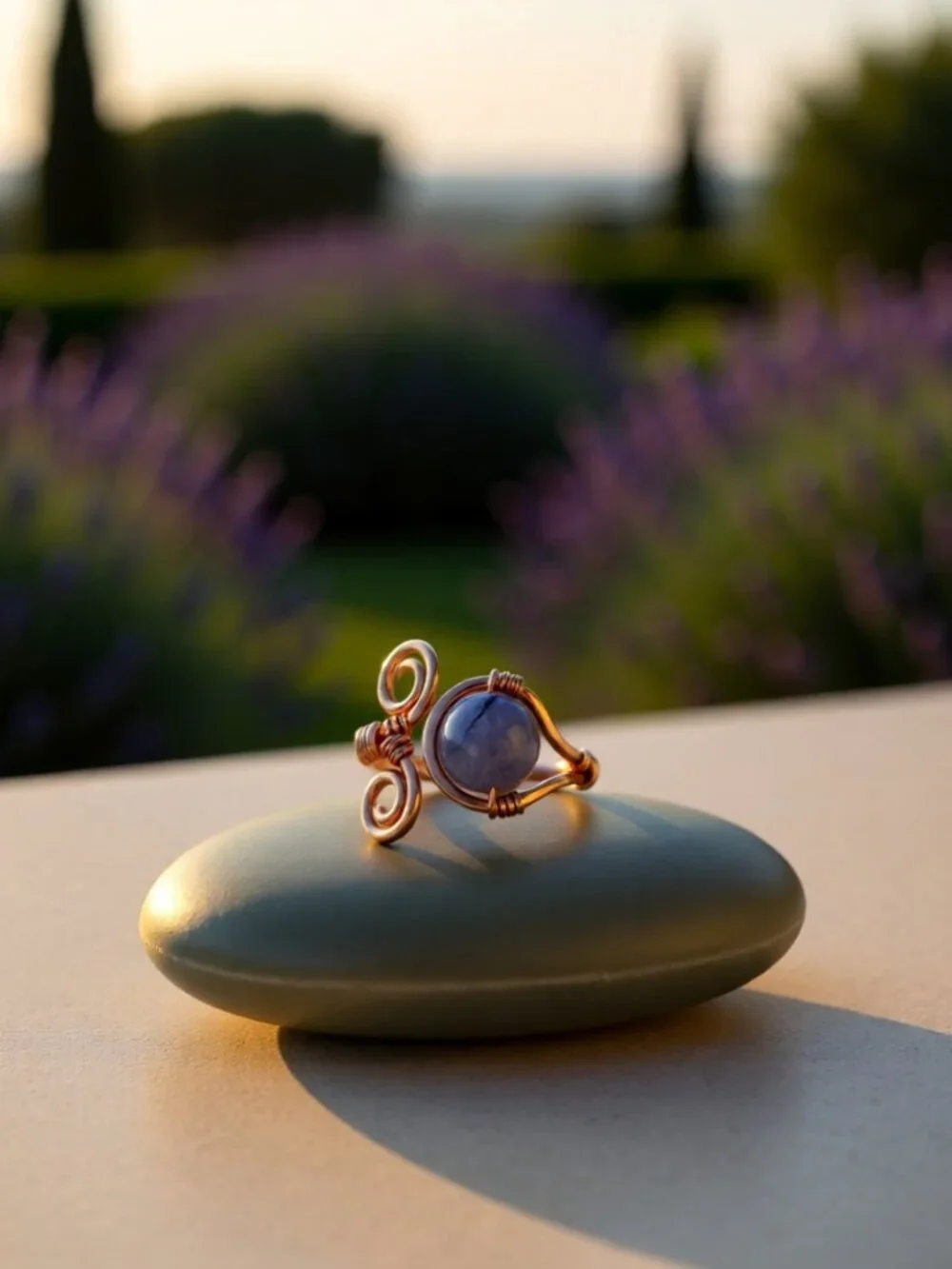 Hand Crafted! Feminine Copper Wire Ring w. Purple/Gray Agate - Adjustable Sz 6-7